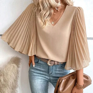Solid Pleated Sleeve V Neck Blouse